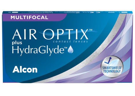 AIR OPTIX Plus HydraGlyde monthly multifocal contact lenses product box