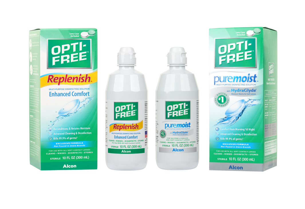 Product boxes and bottles for Opti-free Replenish and Puremoist contact lens solutions by Alcon