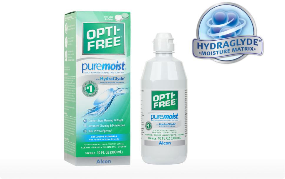 Product box and bottle for Opti-free Puremoist multi-purpose contact lens solution with HydraGlyde Moisture Matrix logo