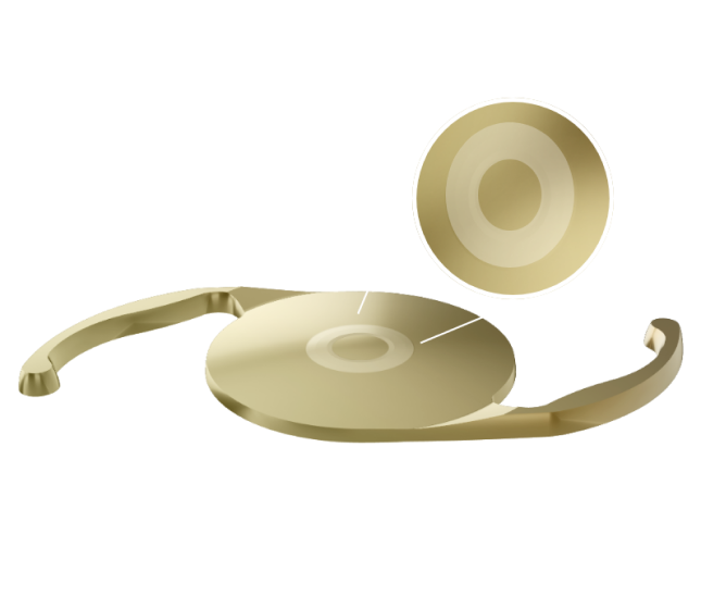 Golden 3-dimensional image of the Clareon Vivity IOL with white graphic lines that draw focus to the middle of the lens highlighting the small curvature change that contributes to the lens’s wavefront-shaping technology.