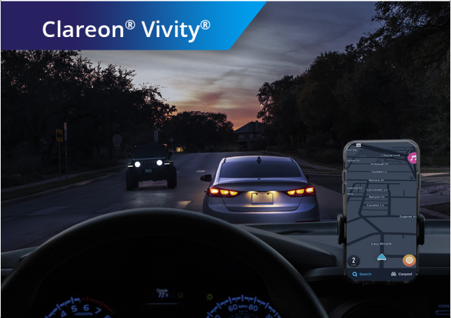 The image on the right displays the night-driving vision of someone with a Clareon Vivity IOL, with near, intermediate and distance focal points in focus.