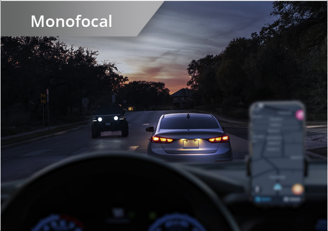 The picture on the left displays the night-driving vision of someone with a monofocal IOL, with near objects out of focus.