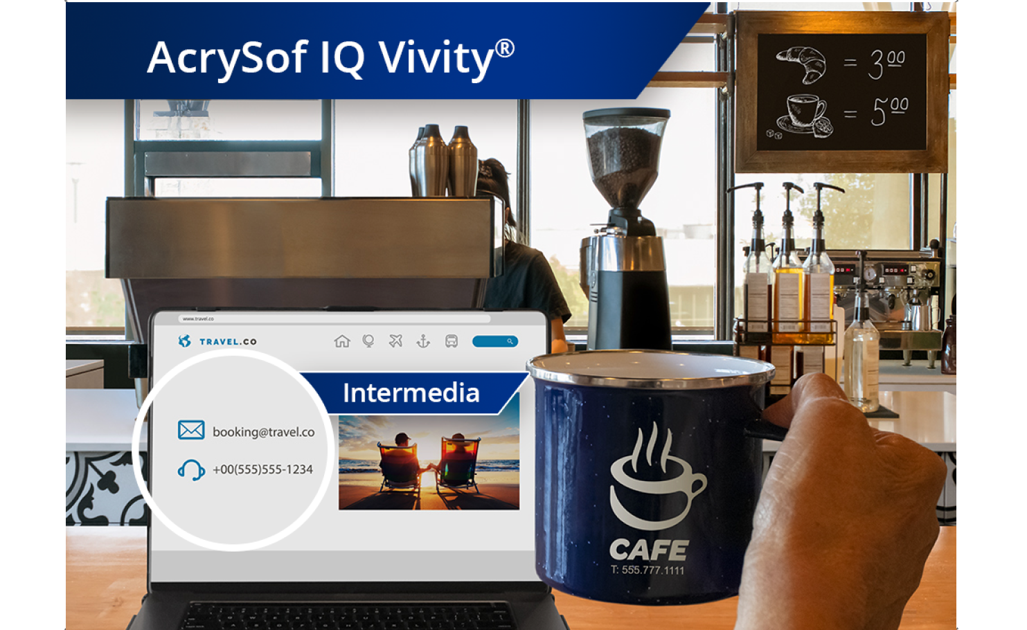 Imagen más nítida de cafetería con vista de la zona con cafeteras y otros ingredientes. Hay un ordenador portátil abierto sobre la barra y la mano de una persona que sujeta una taza de café a la derecha de la pantalla del portátil. Aparece un texto blanco en la esquina superior izquierda de esta imagen que dice “AcrySof IQ Vivity.”