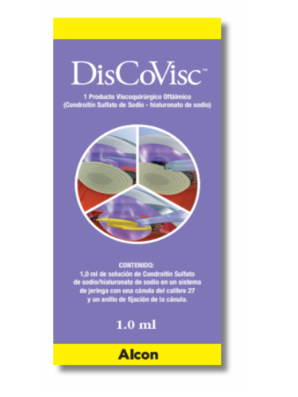 Caja de producto OVD DuoVisc de Alcon. Este producto contiene 1ml de DisCoVisc.