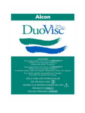 Caja de producto OVD DuoVisc de Alcon. Este producto contiene 0,50 ml de Viscoat y 0,55 ml de ProVisc.