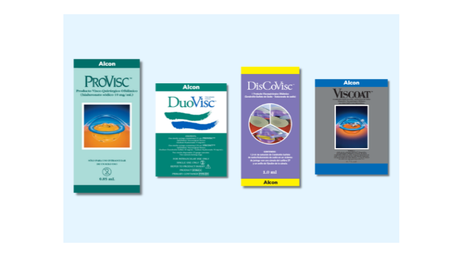 Fotografías de productos de los dispositivos viscoquirúrgicos oftálmicos de Alcon: DisCoVisc, ProVisc, Viscoat, DuoVisc.