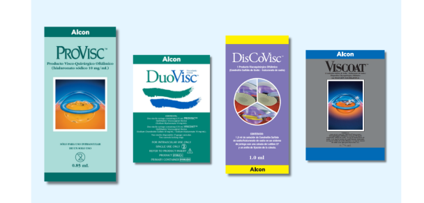 Imagen de dispositivos viscoquirúrgicos oftálmicos de Alcon: DuoVisc, DisCoVisc, ProVisc, Viscoat, DuoVisc