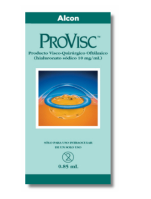 Caja de producto OVD DuoVisc de Alcon. Este producto contiene 0,50 ml de Viscoat y 0,85 ml de ProVisc.