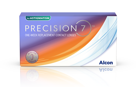 Produktverpackung von PRECISION7 Kontaktlinsen für Astigmatismus mit Hinweis auf wöchentlichen Austausch und ACTIV-FLO System.