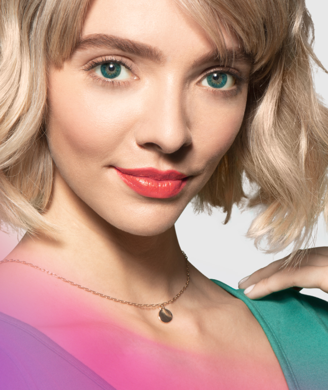 Blonde woman wearing colored contact lenses