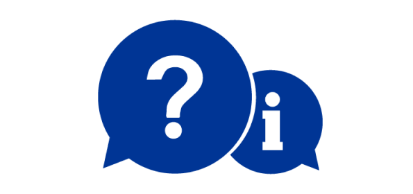 Blue icon of a two speech bubbles. One features a question, and the other features a lowercase ‘i’.