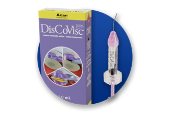 Alcon’s DisCoVisc OVD product and product box on a blue circle background.