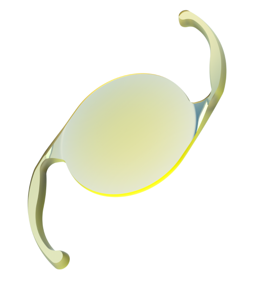 3-dimensional image of a yellow Clareon Monofocal IOL.