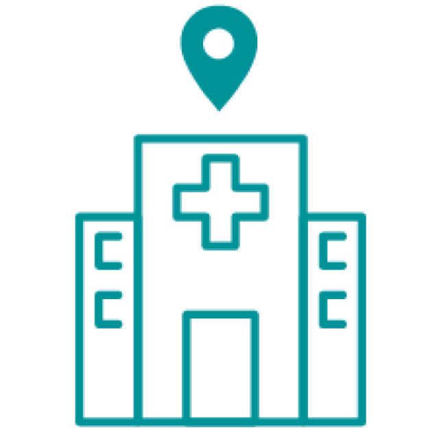 Teal icon of a hospital with a location pin on top.