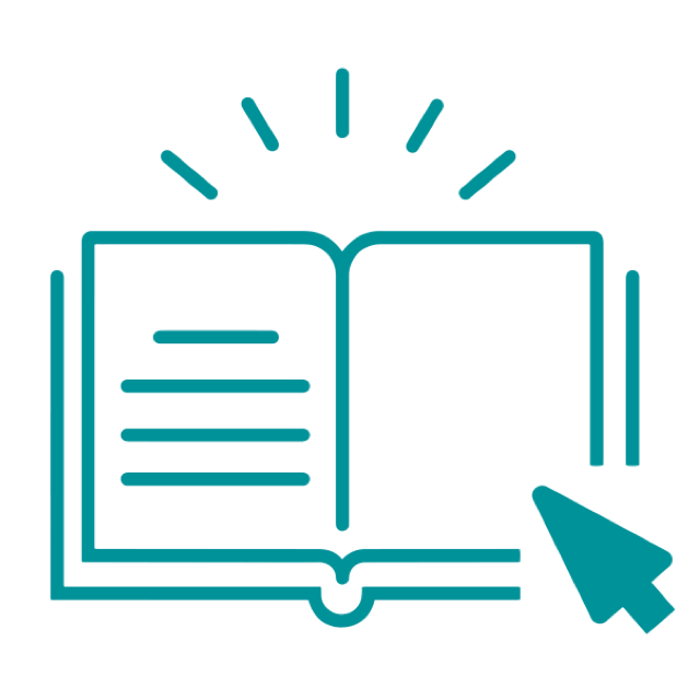 Teal icon of an open book with a cursor pointing to the bottom right corner of the book.