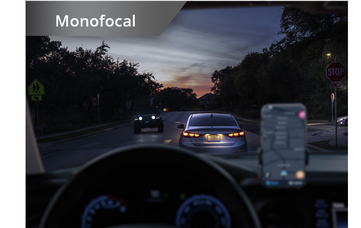 Car on the road in dim lighting with phone set up on the dashboard. White text at the top left corner of this image reads “Monofocal.”