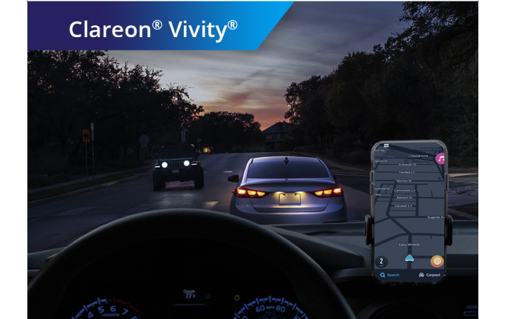 The image on the right displays the night-driving vision of someone with a Clareon Vivity IOL, with near, intermediate and distance focal points in focus.