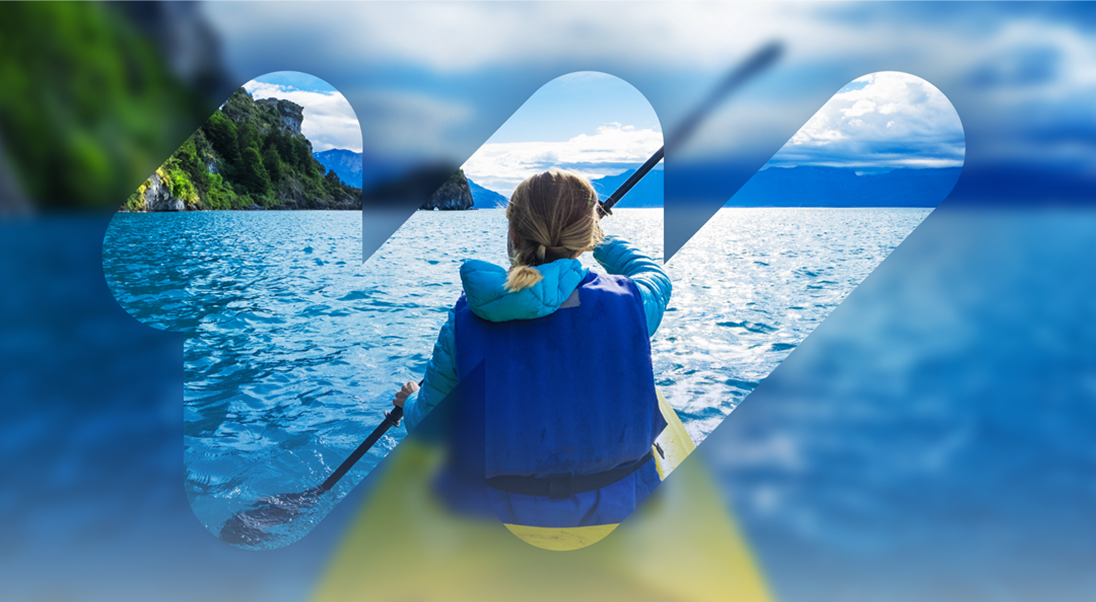 A woman in a blue lifejacket paddles a yellow kayak in the sea. The water is blue and a green mountainous hill appears to her left. The kayaker is overlaid with the wavelight® logo.