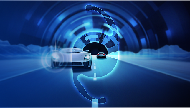 Stylized blue-toned highway tunnel with sleek sports cars driving at high speed, with a glowing see-through IOL graphic.
