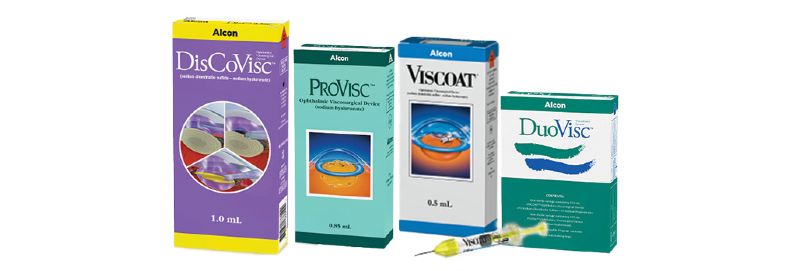 Product shots of Alcon’s Ophthalmic Viscosurgical Devices: ProVisc, Viscoat, DuoVisc