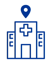 A blue icon of a building with a cross symbol, indicating that the building is a hospital. A teardrop-shaped location icon appears above the building.