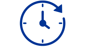A blue icon of a clock face. The circumference of the clock appears as an arrow in the shape of a circle. The clock hands read four o’clock