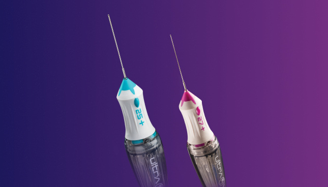 An image of the 25+ Gauge and 27+ Gauge Advanced ULTRAVIT Beveled High Speed Probes side by side. The devices appear on a purple background.