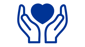 A blue icon of a heart surrounded by two hands on either side, as if to hold the heart.