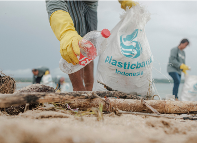 Person on the beach lifting a plastic bottle