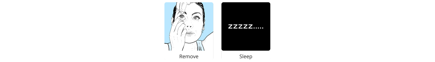  Image of a woman putting on a contact lens and image of sleeping with description