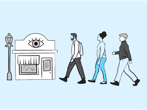 Graphics of three people and a store