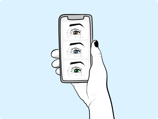 Phone in hand with coloured contact lenses