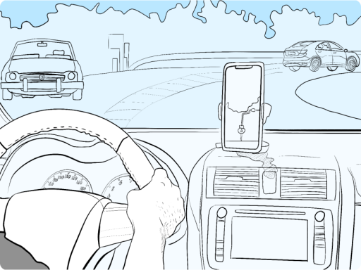 Driver's view inside a car on a road. There is a phone displaying a gps app mounted on the dashboard.