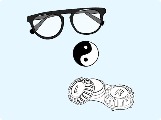 Image of glasses contact lenses and a yin and yang