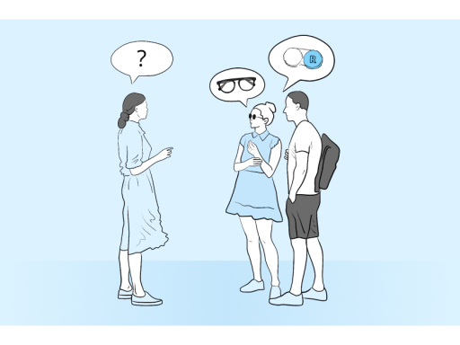 A group of people discussing the choice of contact lenses or glasses