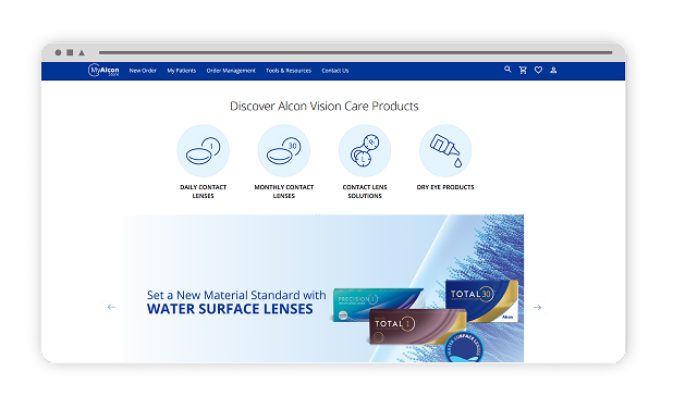 Schermafbeelding van de startpagina van het MyAlcon-professionalsportaal met navigatielinks, productcategorieën en een banner over contactlenzen met wateroppervlak