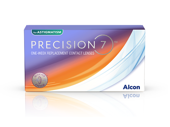 Boîte de lentilles de contact hebdomadaires PRECISION7® pour l’astigmatisme d’Alcon avec le système ACTIV-FLO® pour le confort et une vision nette.