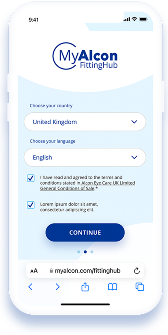 Tela de um smartphone exibindo a página de seleção de país e idioma do MyAlcon FittingHub, com opções para escolher o país, idioma e aceitar os termos e condições antes de continuar.