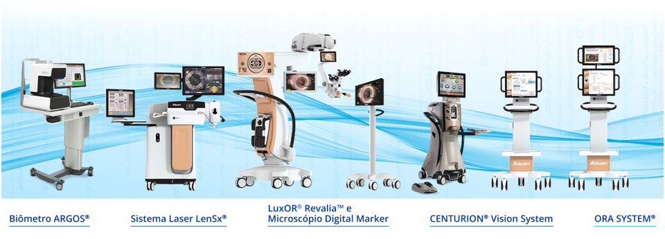 Imagem com diferentes dispositivos cirúrgicos fabricados pela Alcon. O Biômetro ARGOS, Sistema Laser LenSx, Microscópio Oftalmológico LuxOR Revalia, Verion Digital Marker, Centurion Vision System, Aberrômetro Intraoperatório ORA SYSTEM.