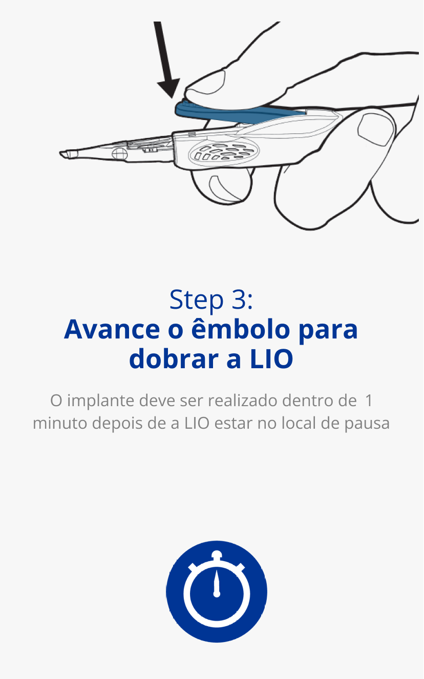 Ilustração de uma mão segurando o Injetor AutonoMe. Uma seta preta aponta para o dispositivo para indicar um movimento de empurrar para baixo. Ícone azul de um relógio.  