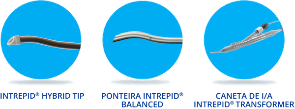 Ponteira INTREPID Hybrid, Ponteira INTREPID Balanced e caneta de I/A INTREPID Transformer, cada uma num círculo individual com fundo azul. 