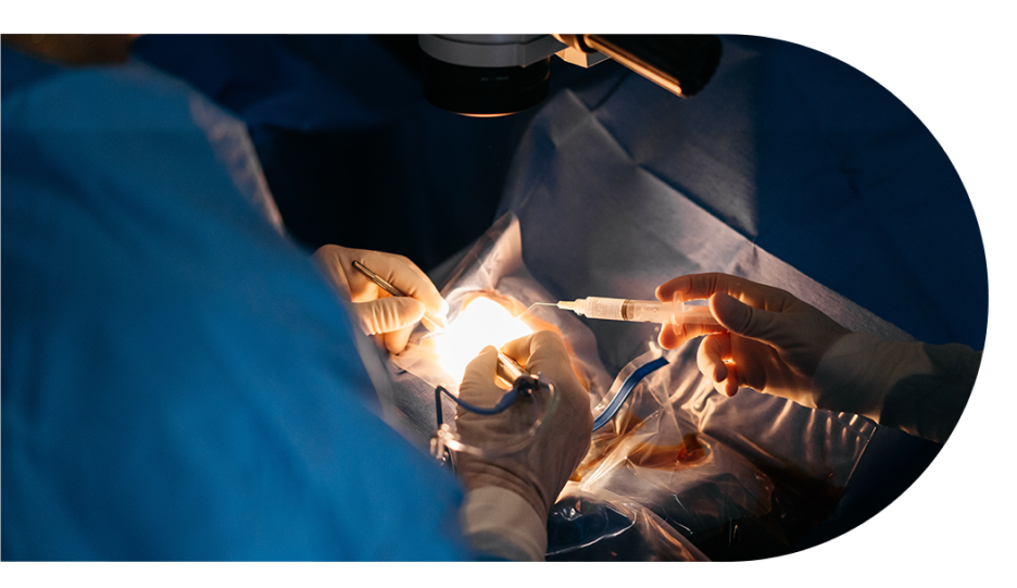 One pair of hands are visible performing eye surgery and another hand is visible holding a Ophthalmic Viscosurgical Device.