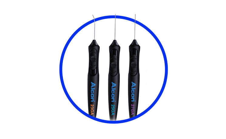 An image of the 23 Gauge, 25 Gauge, and 27 Gauge VEKTOR Articulating Illuminated Laser Probes. The three devices appear side by side on a purple background.