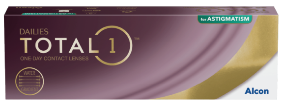 Boîte de produit pour les lentilles de contact journalières Dailies Total1 for Astigmatism par Alcon