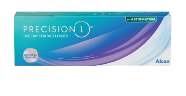 Boîte de produit pour les lentilles de contact journalières Precision1 for Astigmatism par Alcon