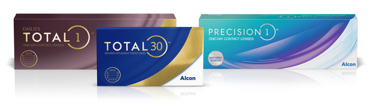 At the bottom, product boxes of DAILIES TOTAL1, TOTAL30, and PRECISION1 contact lenses by Alcon are displayed.