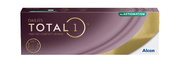 Box of DAILIES TOTAL1 one-day contact lenses for astigmatism by Alcon, featuring Water Gradient technology.