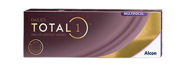 Box of DAILIES TOTAL1 one-day multifocal contact lenses by Alcon, designed for people with presbyopia.