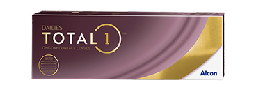 Box of DAILIES TOTAL1 one-day contact lenses by Alcon, featuring Water Gradient technology.