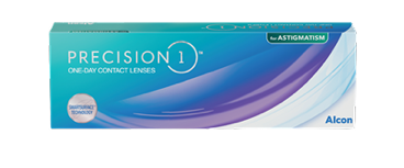 Box of PRECISION1 one-day contact lenses for astigmatism by Alcon, with SmartSurface Technology.